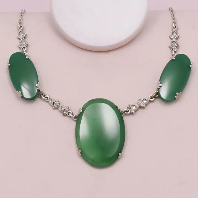 Vtg 1930s Art Deco Natural Chrysoprase Marcasite Sterling Silver Necklace