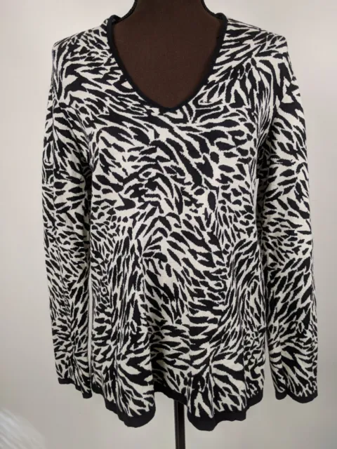 Dana Buchman Women's 100% Cotton Sweater Top Black White Zebra Animal Print Sz L