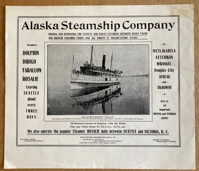 EXTREMELY RARE AUTHENTIC EARLY 1900s ALASKA STEAMSHIP COMPANY ADVERTISING POSTER