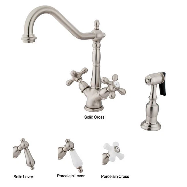 Heritage Satin Nickel Kitchen Faucet Porcelain Cross Handles