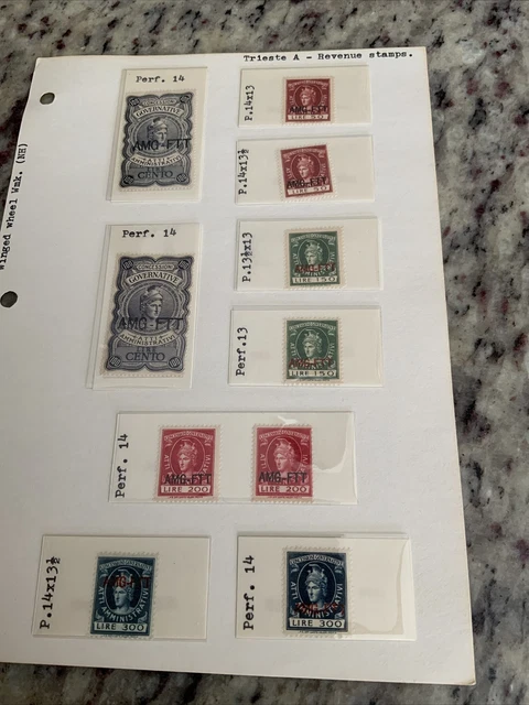 Trieste A Revenue Stamps AMG-FTT winged wheel wmk.(nh). lot of 10 stamps.
