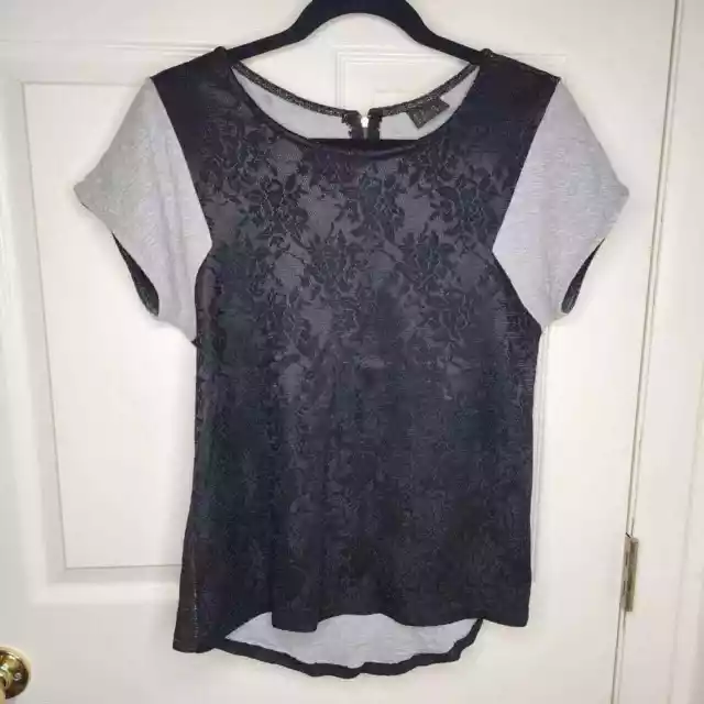 Mod Lusive Black Grey Lace Overlay T-Shirt Top Small Women's 2