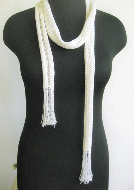 Long Narrow Knit Scarf/Tie Belt White Viscose Fringe  65 in x 2 in  Fashion NWOT