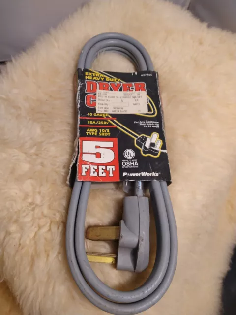 CLOTHES DRYER POWER CORD W/ 3 PRONG PLUG IN 30 AMP 5' Foot 10/3 GAUGE WIRE
