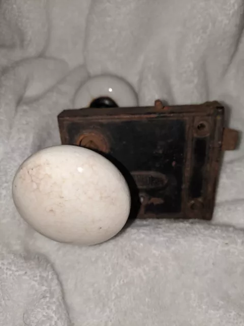 Antique White Porcelain Door Knob Set with Cast Iron Shank and old lock