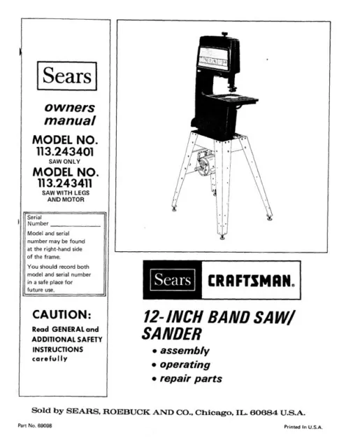 Owner’s Manual & Parts List Craftsman 12” Band Saw - Model 113.243411