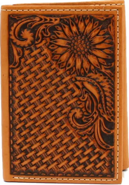 Nocona Western Mens Wallet Trifold Leather Tooled Sunflower Weave Tan N500011008