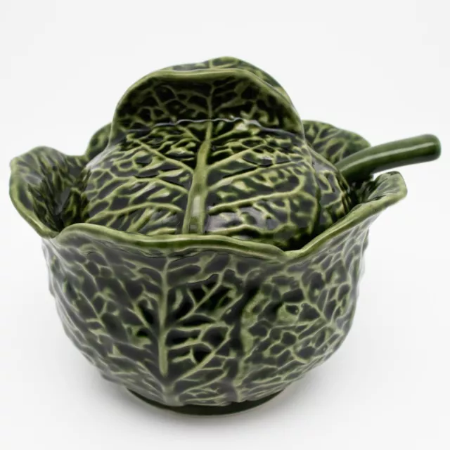 SUBTIL Green Cabbage Leaf Majolica Lidded Tureen Bowl with Spoon