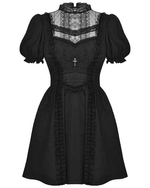FRESQA Abito gotico Lolita in pizzo da donna, Kawaii, Harajuku, carino, nero, maniche a sbuffo, abiti corti estivi per ragazze