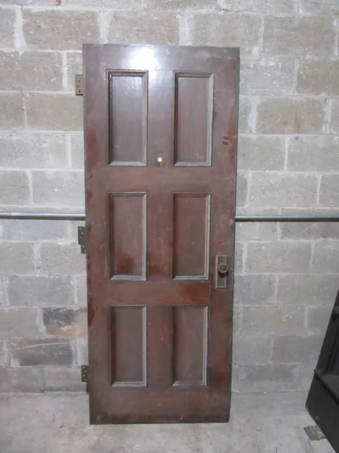 ~ ANTIQUE OAK 6 PANEL DOOR WITH HARDWARE T ~ 31.75 x 81.5 ARCHITECTURAL SALVAGE