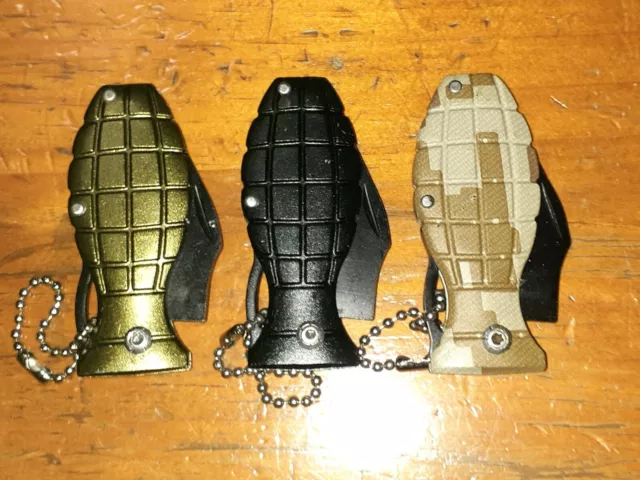 3x Mini Grenade key chain Folding Pocket Knives sharp Blade Black Green Camo