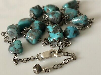 Natural Black Matrix Turquoise Nuggets/Chunks Sterling 925 Chain Necklace
