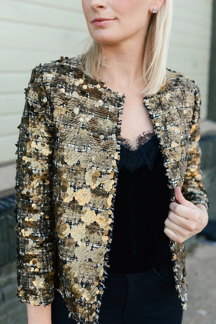 ZARA GOLD TAN Sequinned Embroidered Tweed Blazer Jacket 7853 661 SMALL S 105.00 PicClick