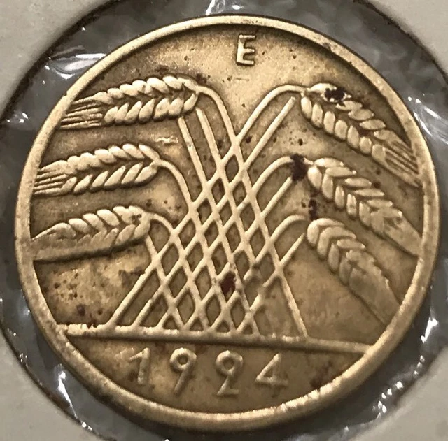German 1924-E, 10 Pfennig Bronze Coin VF Condition.