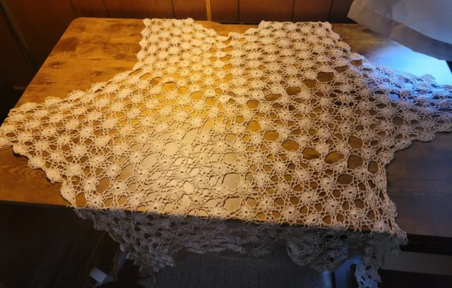 Vintage HAND KNIT Tablecloth Star Shaped Tea Dye Beige RUSTIC ROUND Large 36 In