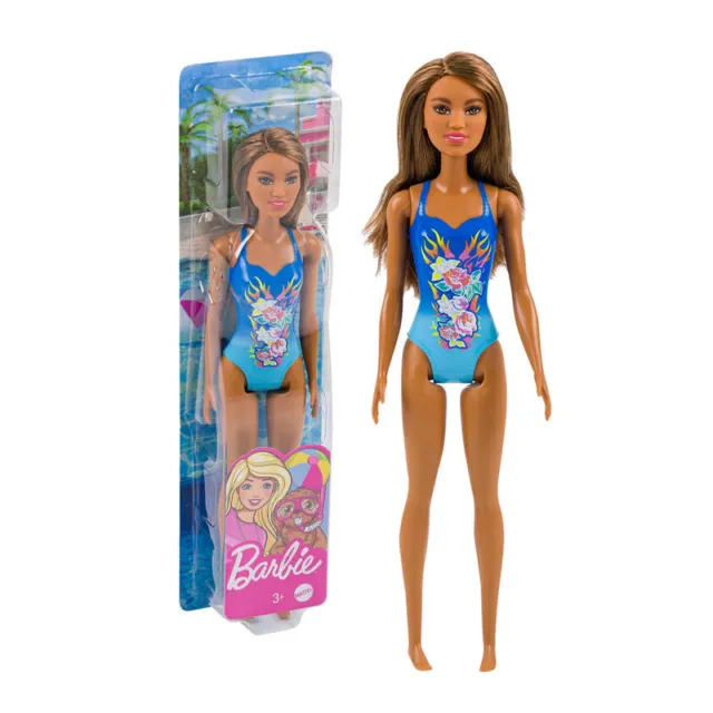 Barbie Beach Doll in Tropical Blue Swimsuit with Straight Brown Hair