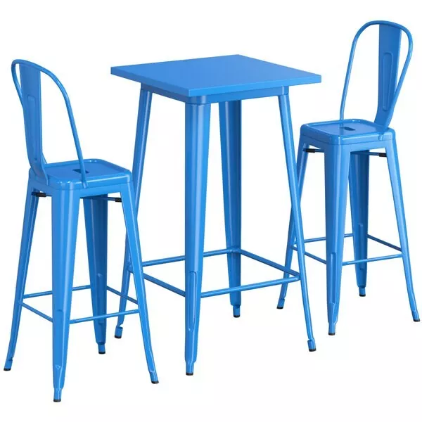 24" Square Blue Metal Restaurant Bar Table Set with 2 Cafe Barstool For Outdoor