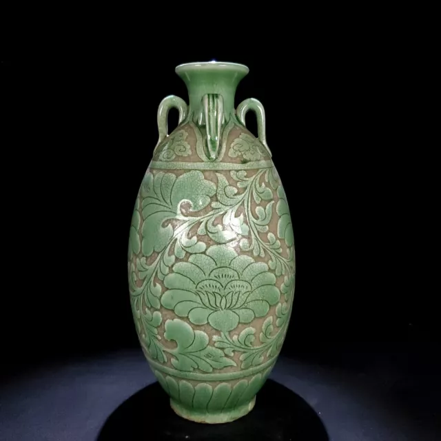 13.1" Chinese Old Porcelain Song dynasty cizhou kiln Green flower Four ear Vase