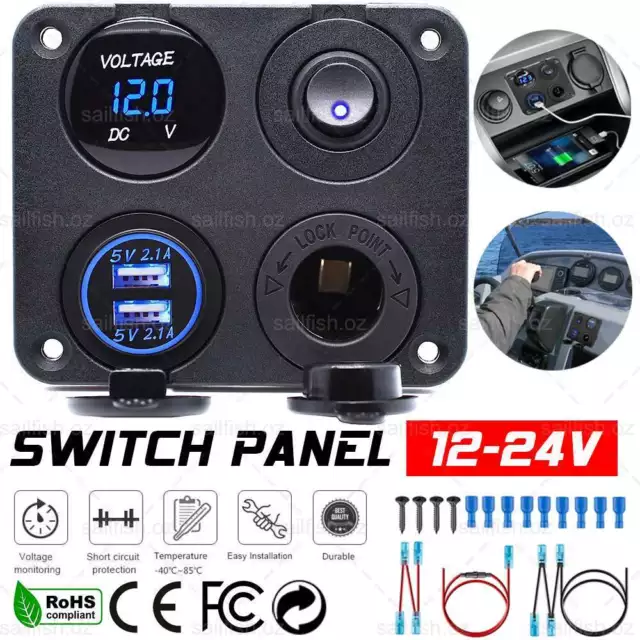 12V Switch Panel Car Boat With 2 USB Charger Voltmeter Cigarette Lighter Socket