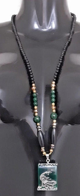 Beaded Long Necklace Silver Peacock Marcasite Dark Emerald Green Pendant