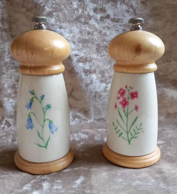 Vintage Salt & Pepper Mills Grinders Cloverleaf of England Pottery Floral Wood