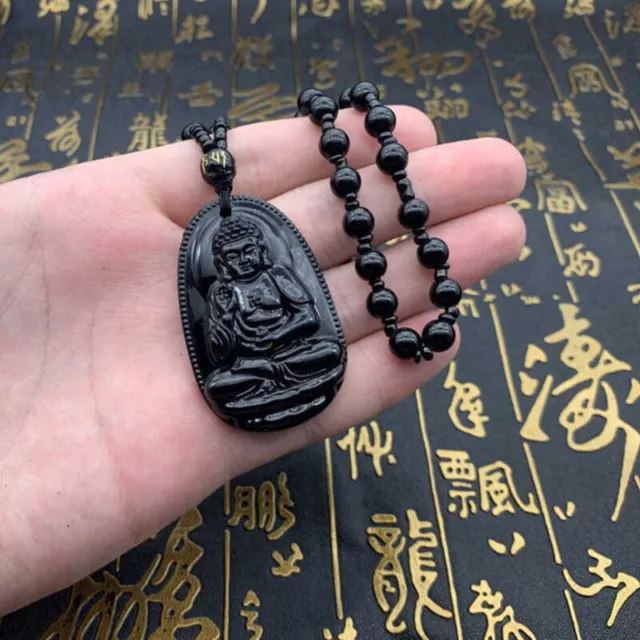 1pc Natural Black Obsidian Carved Buddha Lucky Amulet Pendant Necklace FTA Hu 2