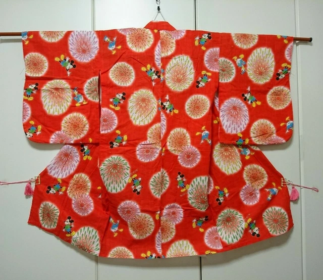 Japanese kimono, YUKATA, Kids, Girl, Mickey & Donald, Fireworks, Red.