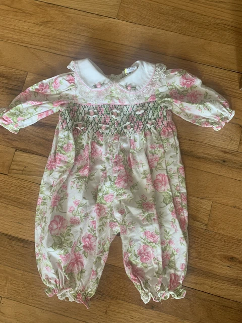 Vtg B.T. Kids Floral Ribbon Roses Lace Smocked Romper Sz 3-6M