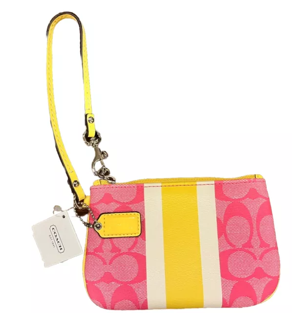 NEW W/ Tags Coach Signature Wristlet Hot Pink Yellow Trim Wallet Bag Hand Small