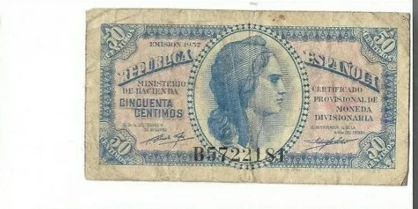 España: 50 Centimos Certi. Plata (Ii Republica). Año 1937. Con Serie. Rc+. Ideal