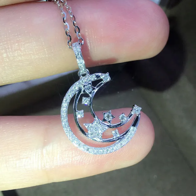 Stars & Moon Jewelry Cubic Zircon 925 Silver Filled Necklace Pendant Girl Gift