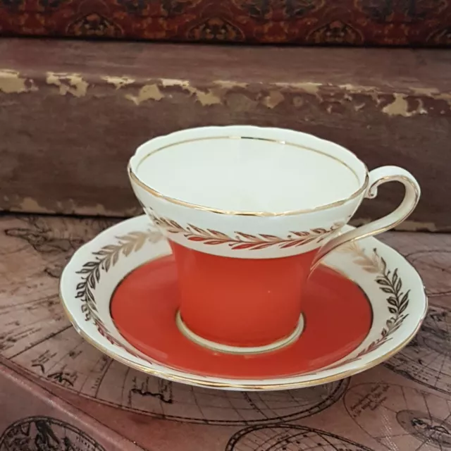 Vintage Aynsley Teacup and Saucer Coral Orange Bone China, Corset Shape, England