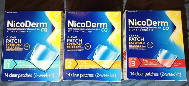 3 cajas NicoDerm CQ Steps 1,2 y 3 21, 14, 7 mg Parche de nicotina transparente - 14 unidades