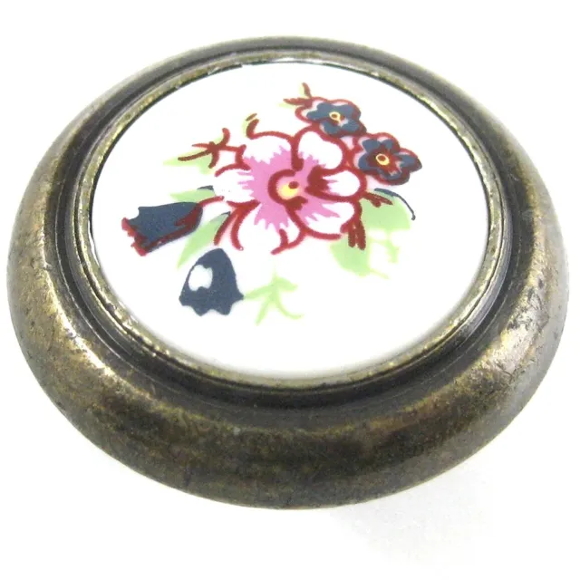 Amerock 244FWB Antique Brass 1" Knob Pull with White Floral Center