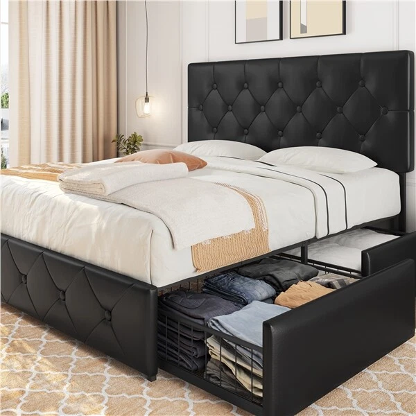 QUEEN FAUX LEATHER Platform Bed Frame with Adjustable Headboard and 4