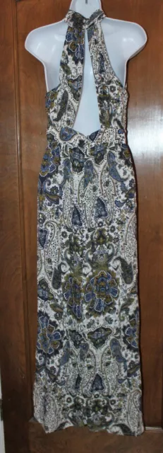 Design Lab S green blue paisley high neck long maxi dress wrap front open back 3