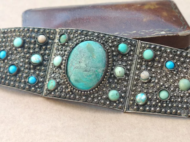 1930s Chinese Export Stone Green Blue Turquoise Silver Plated Filigree Bracelet