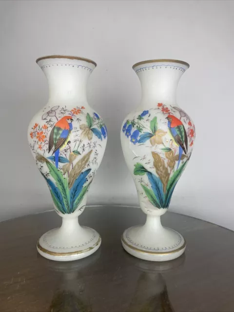 Pair Antique Opaline Glass Vases Hand Painted Parrots Floral 13”