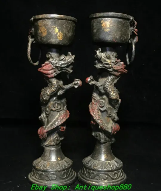 9'' Old Chinese Bronze Gilt Dragon Loong Candle Holder Candlestick Statue Pair