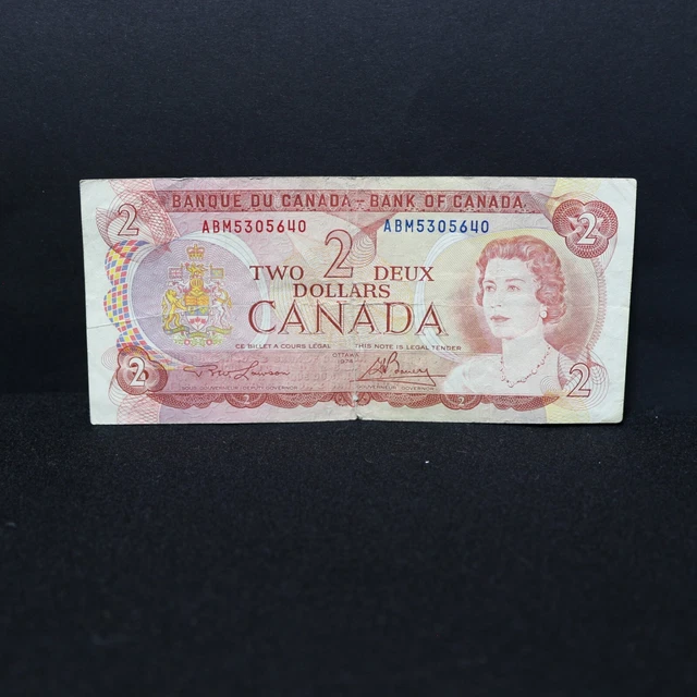 vintage collectable $2 canadian dollar bill Lawson Bouey 1974