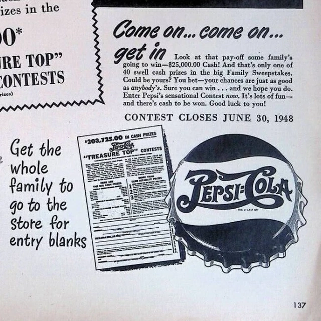 1948 Pepsi-Cola $25,000 Family Treasure Top Sweepstakes Contest Print Ad