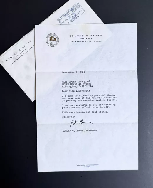 Vintage Edmund G. Brown Autographed Letter Governor of California 1962