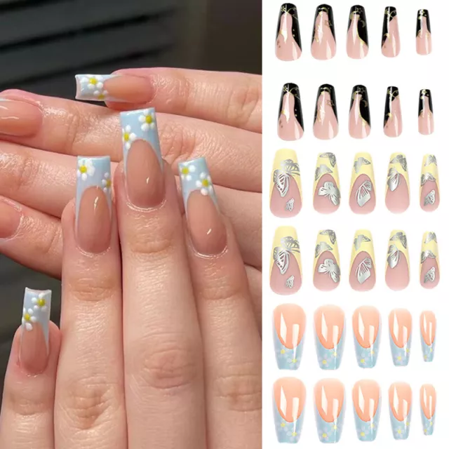 24Pcs Press On Nails Glue Gel On False Reusable Fake French Nail Tip R