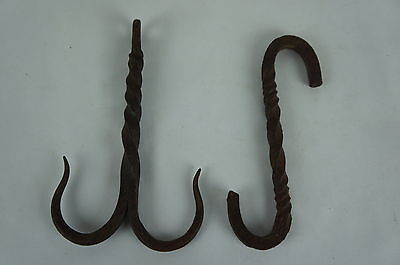 Blacksmith made 2 hand forged wrought iron hooks, 6" ca. 1800 [Y8-W6-A9]