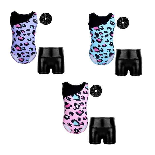 Kids Girls Leotard With Shorts Workout Gymnastics Ballerina Bodysuit Jumpsuit