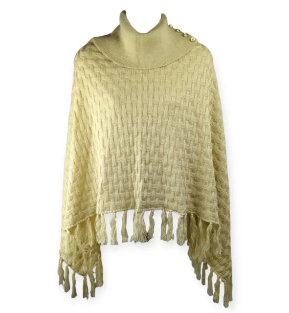 Vintage Knit Poncho Sweater Beige Tan Fringe 70s Jewels One Size Checkered Cape