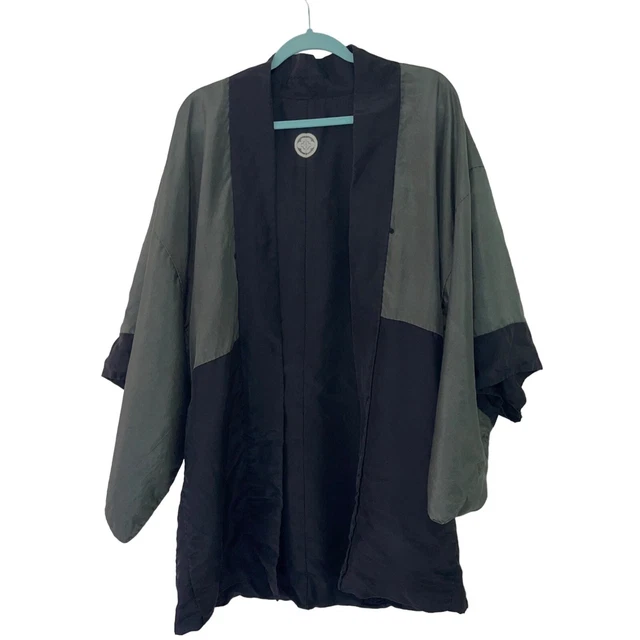 Vintage Mens Kimono One Size Black Japanese Haori Landscape Tree Reversible Silk