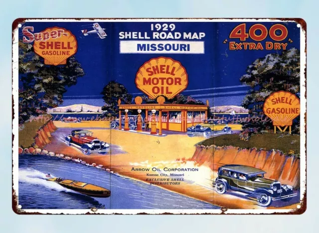 premier garage Missouri Road Map 1929 Shell gasoline gas metal tin sign