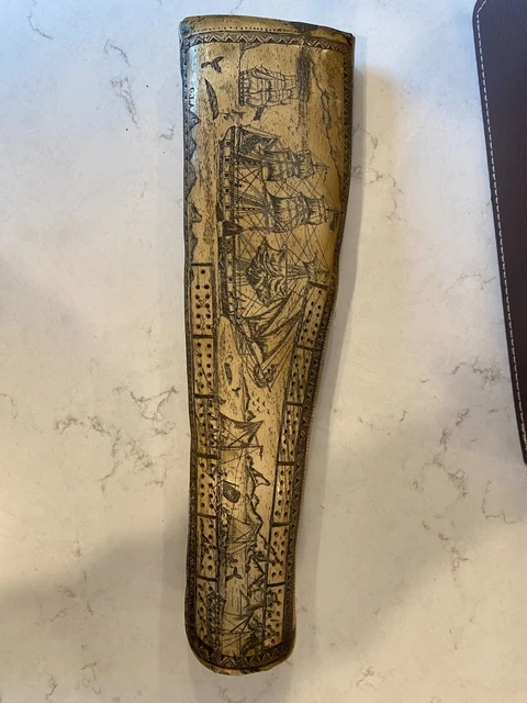 SCRIMSHAW ART WHALER TOPAZ OFF MARQUESAS ISLAND WHALEBONE 1840/Replica