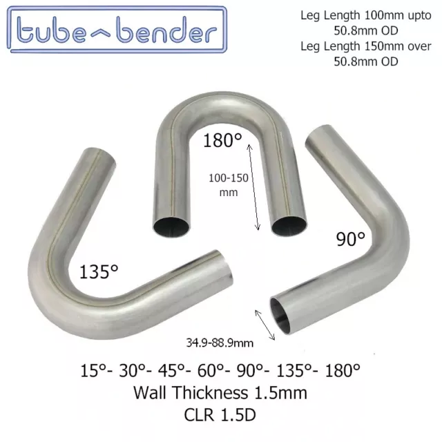 35 mm to 88.9mm 1.5D Mandrel Exhaust Bend 304 Stainless Steel or Mild Steel